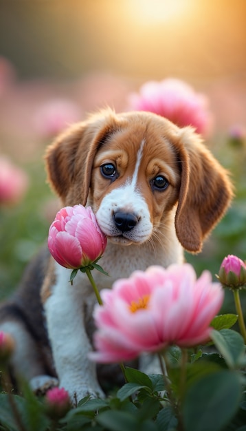 Adorable portrait of pet surrounded by flowers