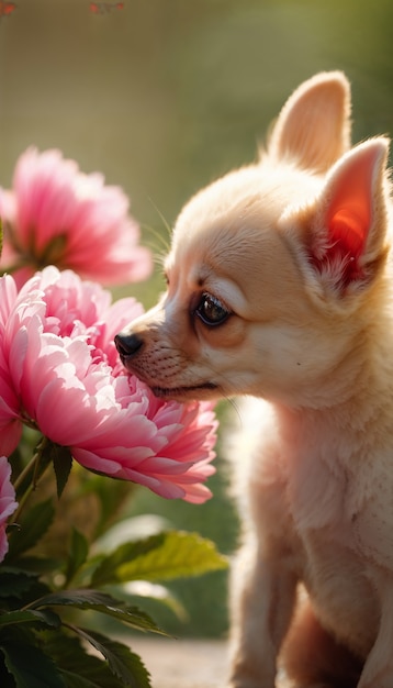 Free photo adorable portrait of pet surrounded by flowers