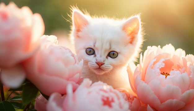 Adorable portrait of pet surrounded by flowers