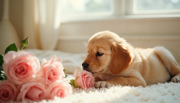 Free photo adorable portrait of pet surrounded by flowers