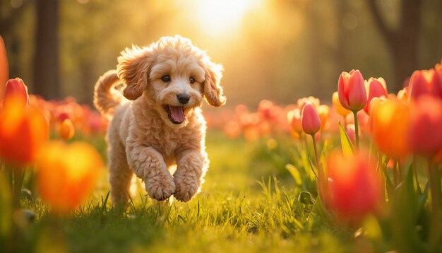 Adorable portrait of pet surrounded by flowers