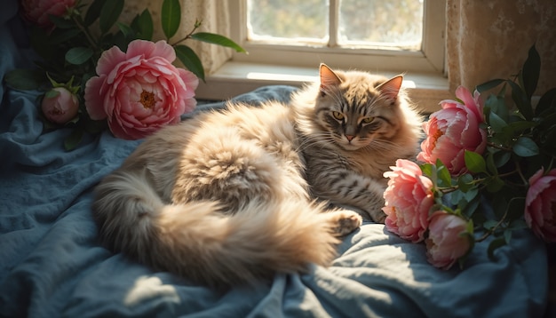 Free photo adorable portrait of pet surrounded by flowers