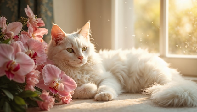 Free photo adorable portrait of pet surrounded by flowers