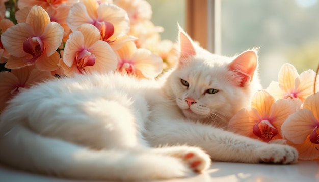 Free photo adorable portrait of pet surrounded by flowers