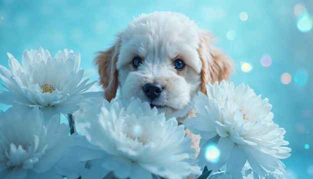 Free photo adorable portrait of pet surrounded by flowers