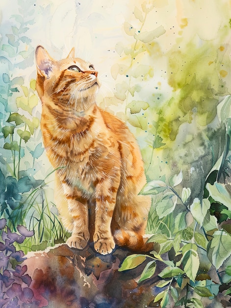 Free Photo adorable watercolor cat illustration