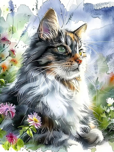 Free photo adorable watercolor cat illustration