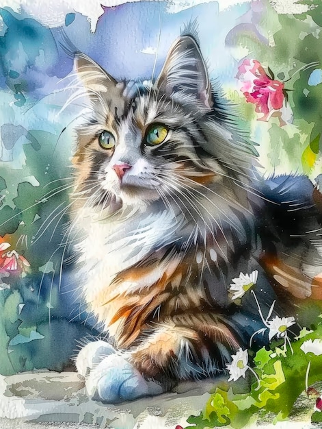 Free photo adorable watercolor cat illustration