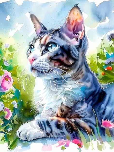 Free Photo adorable watercolor cat illustration