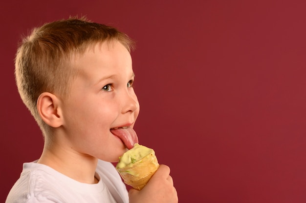 Adorable young boy happy eating ice cream