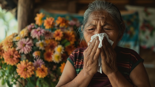 Adult blowing their snot in a tissue