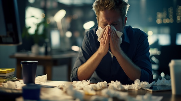 Adult blowing their snot in a tissue