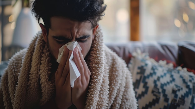 Adult blowing their snot in a tissue