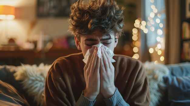 Adult blowing their snot in a tissue