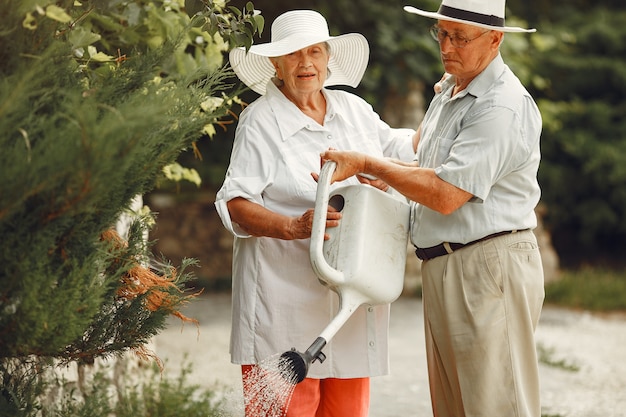 Adult couple in a summer garden. Handsome senior in a white shirt. Woman in a hat. Family watering.