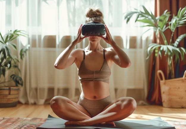 Free photo adult doing fitness through virtual reality