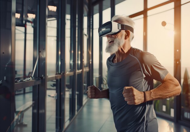 Adult doing fitness through virtual reality