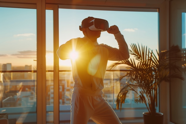 Free photo adult doing fitness through virtual reality