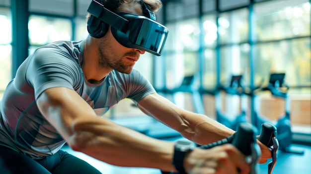 Free Photo adult doing fitness through virtual reality