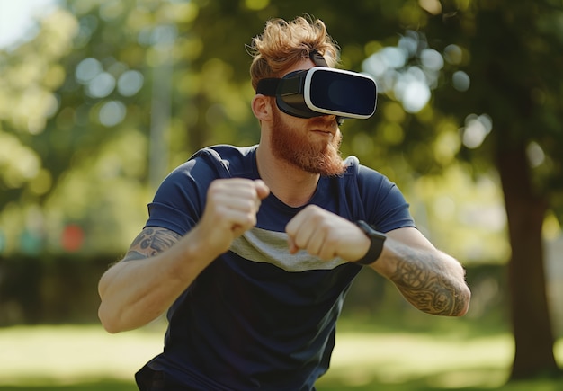 Adult doing fitness through virtual reality