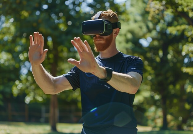 Adult doing fitness through virtual reality