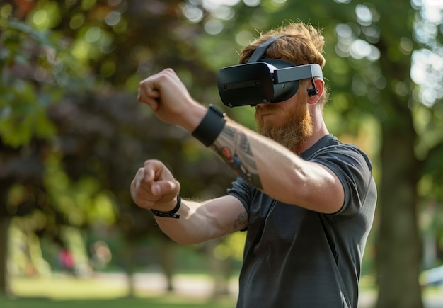 Adult doing fitness through virtual reality