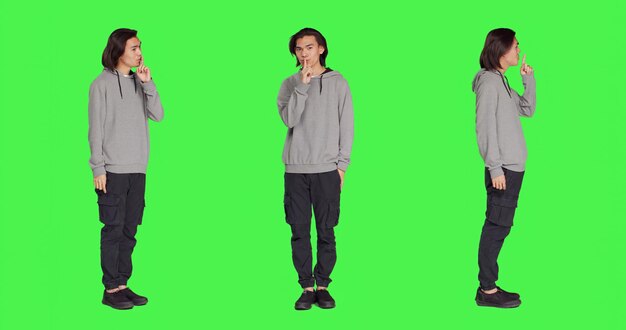 Adult doing hush sign over greenscreen