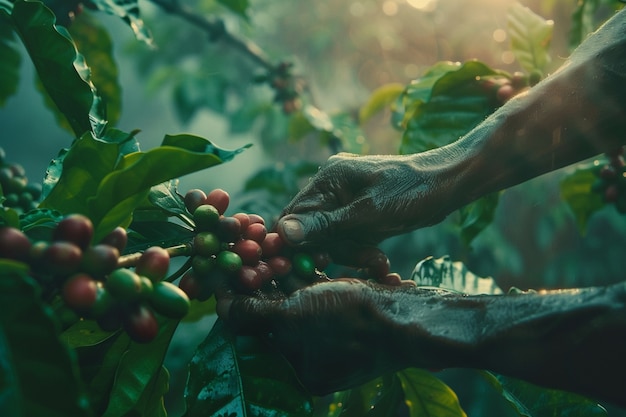 Adult harvesting coffee