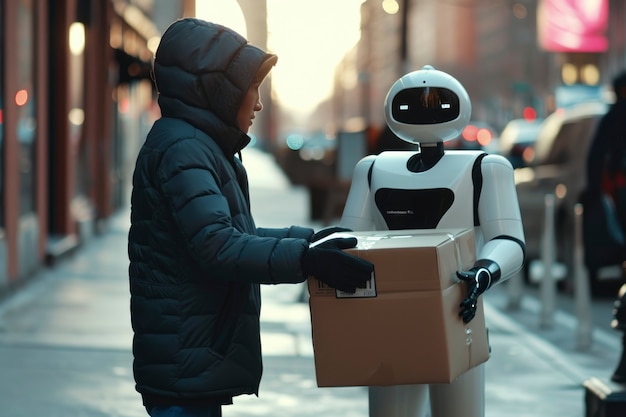 Free photo adult person interacting with futuristic delivery robot