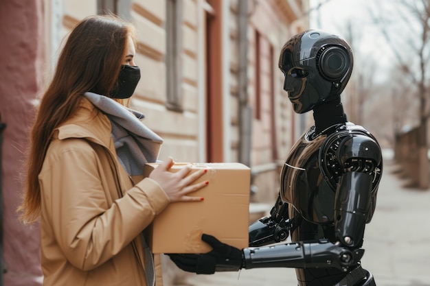 Adult person interacting with futuristic delivery robot