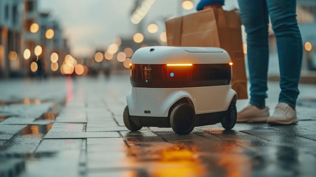 Free photo adult person interacting with futuristic delivery robot