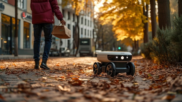 Free photo adult person interacting with futuristic delivery robot