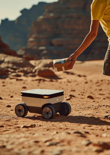 Free photo adult person interacting with futuristic delivery robot