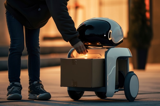 Free photo adult person interacting with futuristic delivery robot