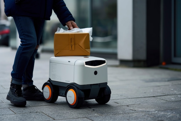 Free photo adult person interacting with futuristic delivery robot