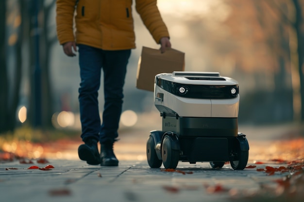 Free Photo adult person interacting with futuristic delivery robot