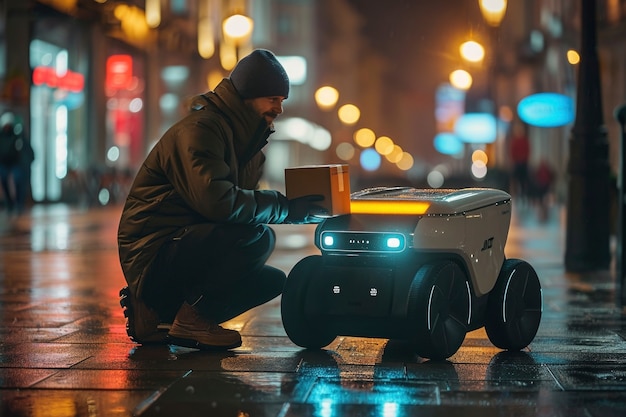 Free photo adult person interacting with futuristic delivery robot