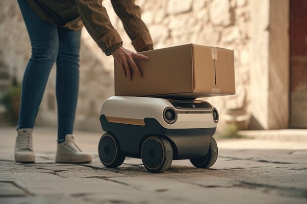 Adult person interacting with futuristic delivery robot