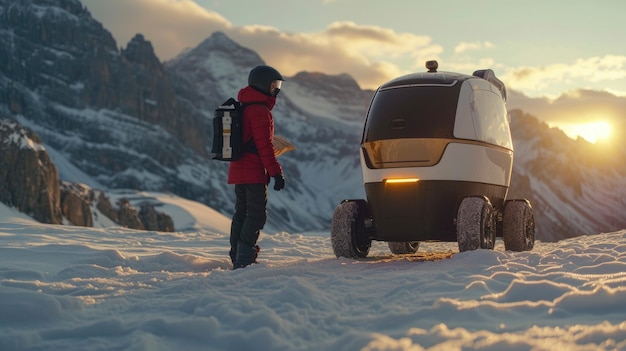 Free photo adult person interacting with futuristic delivery robot