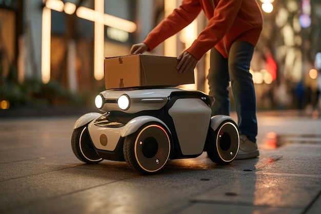 Free Photo adult person interacting with futuristic delivery robot