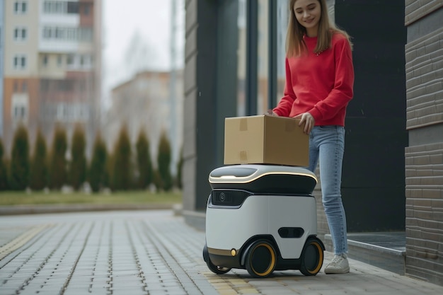 Free photo adult person interacting with futuristic delivery robot