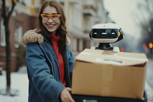 Free photo adult person interacting with futuristic delivery robot