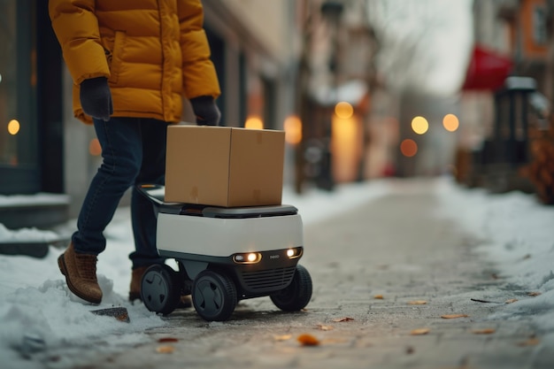 Free Photo adult person interacting with futuristic delivery robot