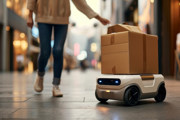 Free photo adult person interacting with futuristic delivery robot