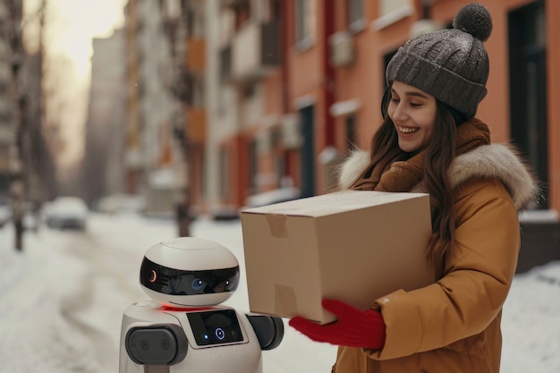 Free Photo adult person interacting with futuristic delivery robot