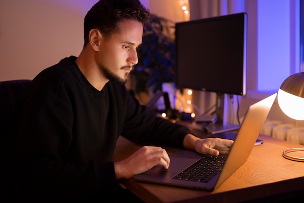 Adult person working late at night from home