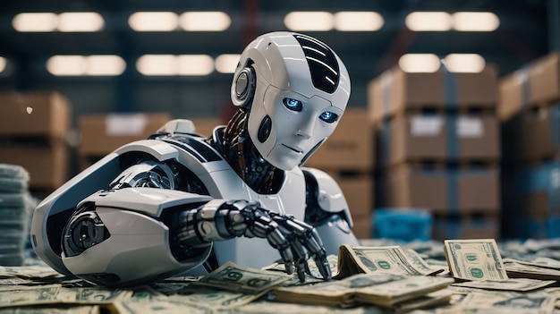 Free Photo advanced technological robot interacting with money and finance