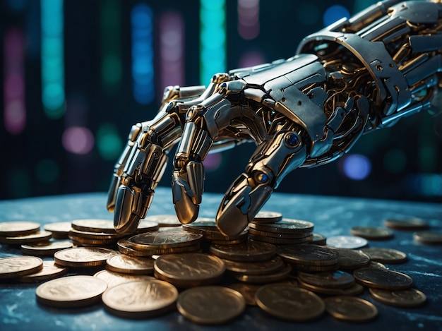 Free Photo advanced technological robot interacting with money and finance