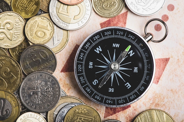 Adventure background with compass and coins