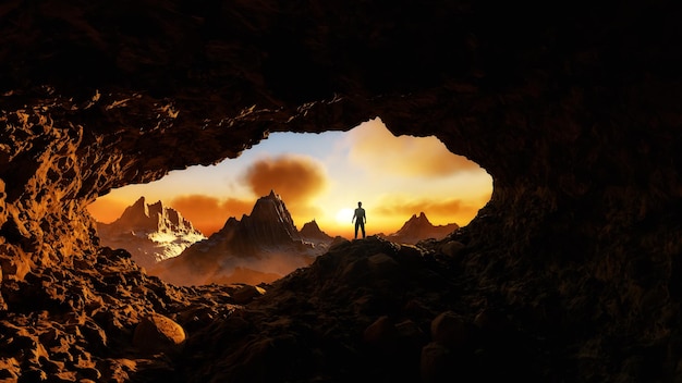 Free Photo adventurous adult man standing inside a rocky cave rocky mountain landscape in background